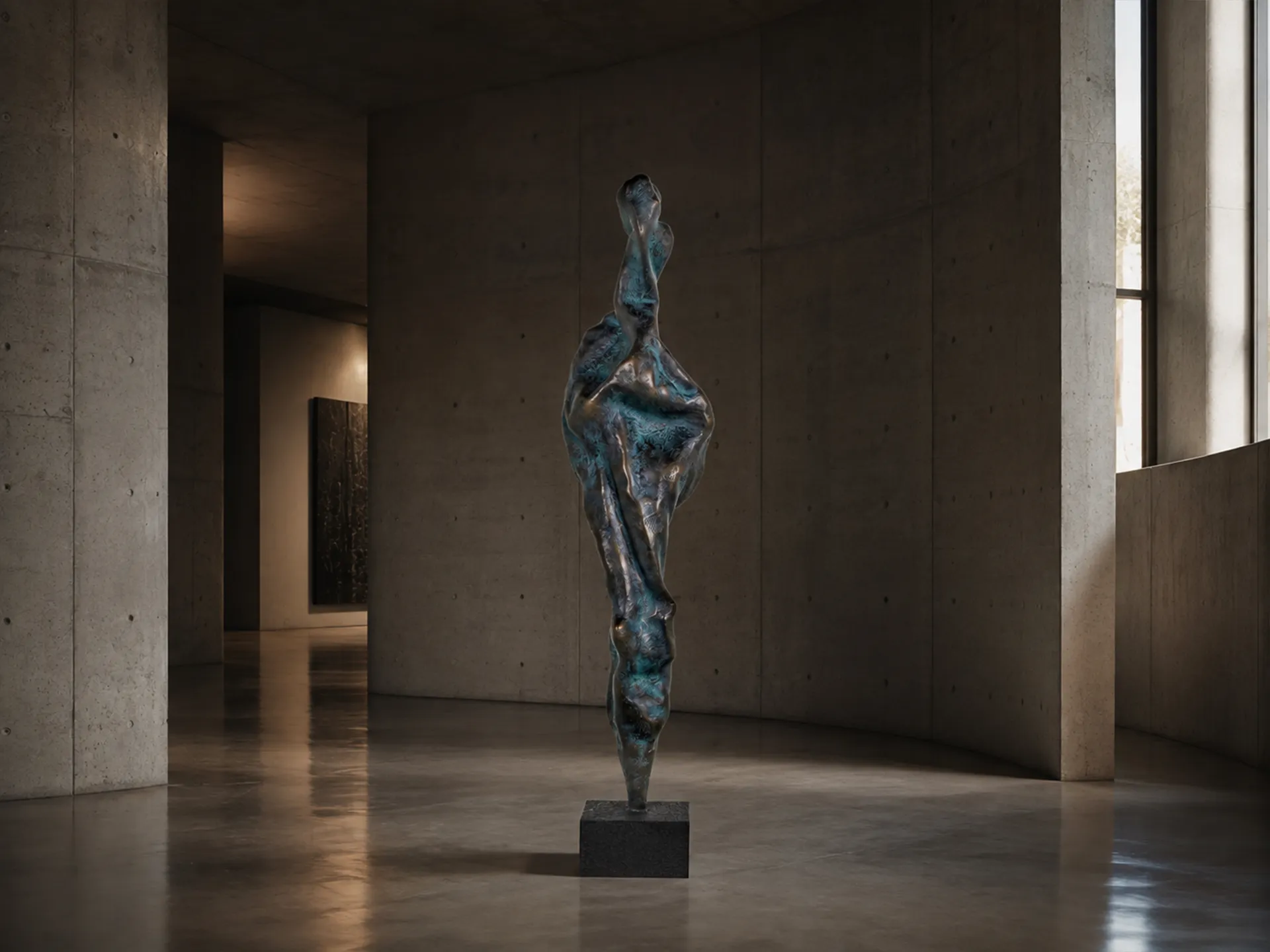 Interior de um museu moderno com iluminação acolhedora e uma escultura Oscar em cor bronze envelhecido