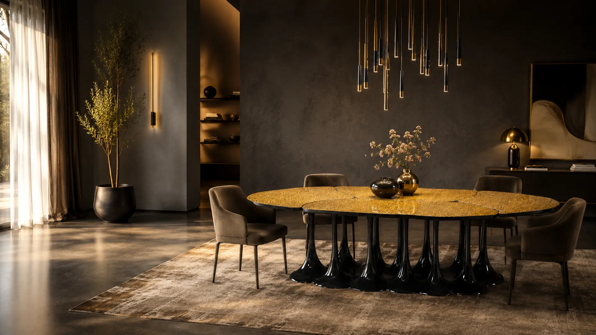 Modern dining room with Pangea dining table with textured gold leaf top and high gloss black base and Aura suspension lamp