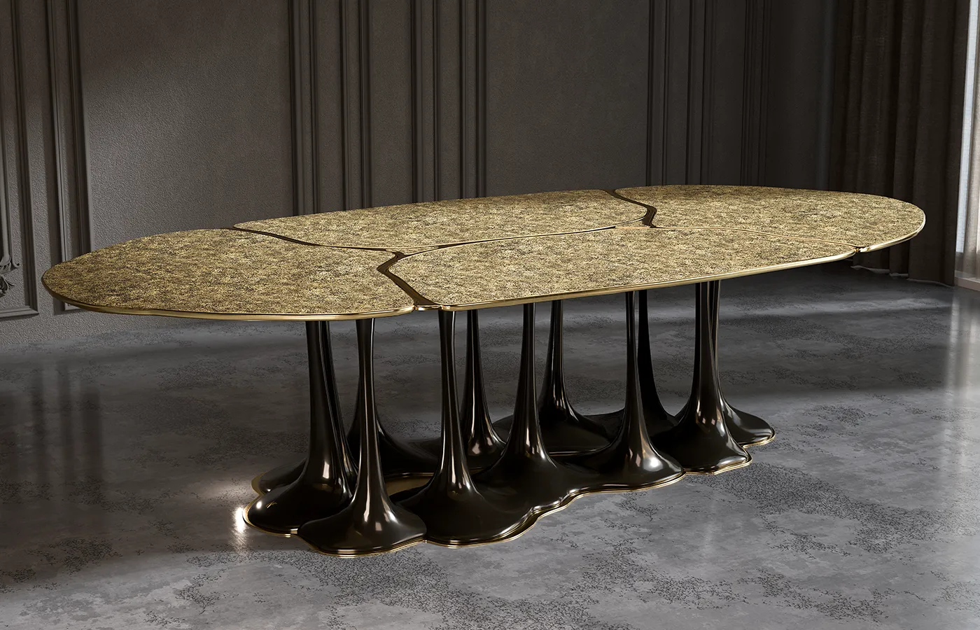 Pangea dining table in a minimalist setting with a textured gold leaf finish