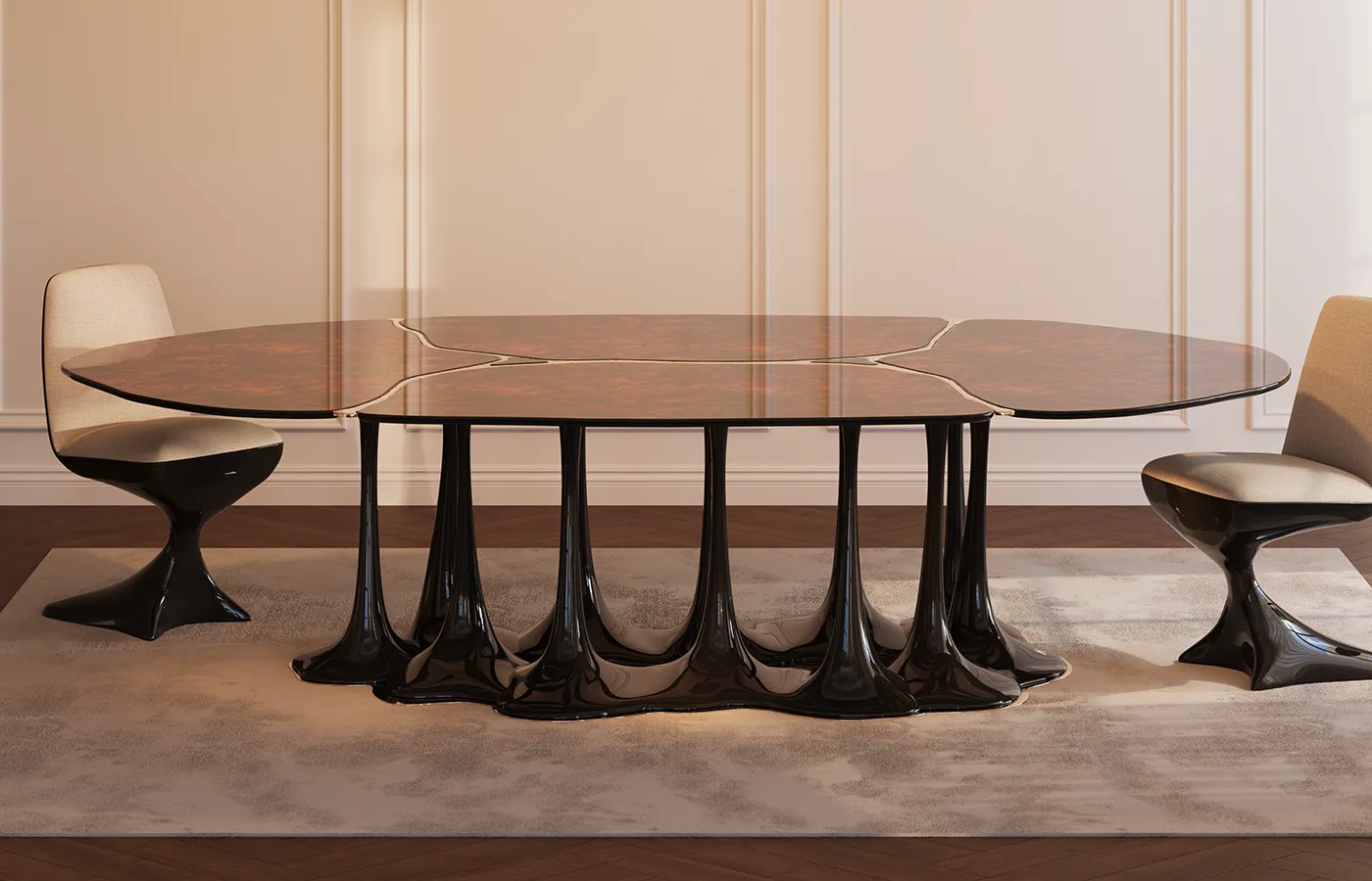 Pangea dining table in dining room with high-gloss walnut root top and high-gloss black base