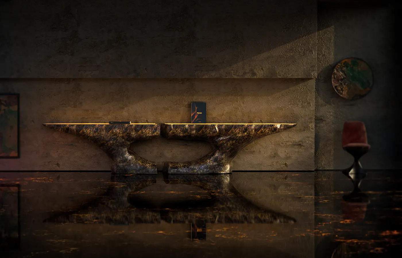 Hall moderno em mármore castanho com consola Pompeia em acabamento artístico em castanho opal alto brilho e tampo com iluminação LED