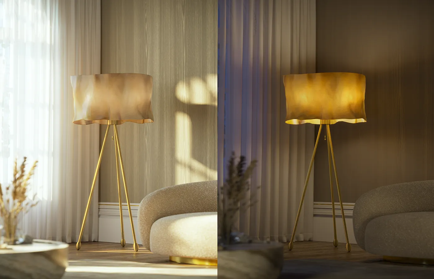 Living room corner featuring Ruby floor lamp with brushed brass structure lampshade in aged natural fiberglass with lights on and off