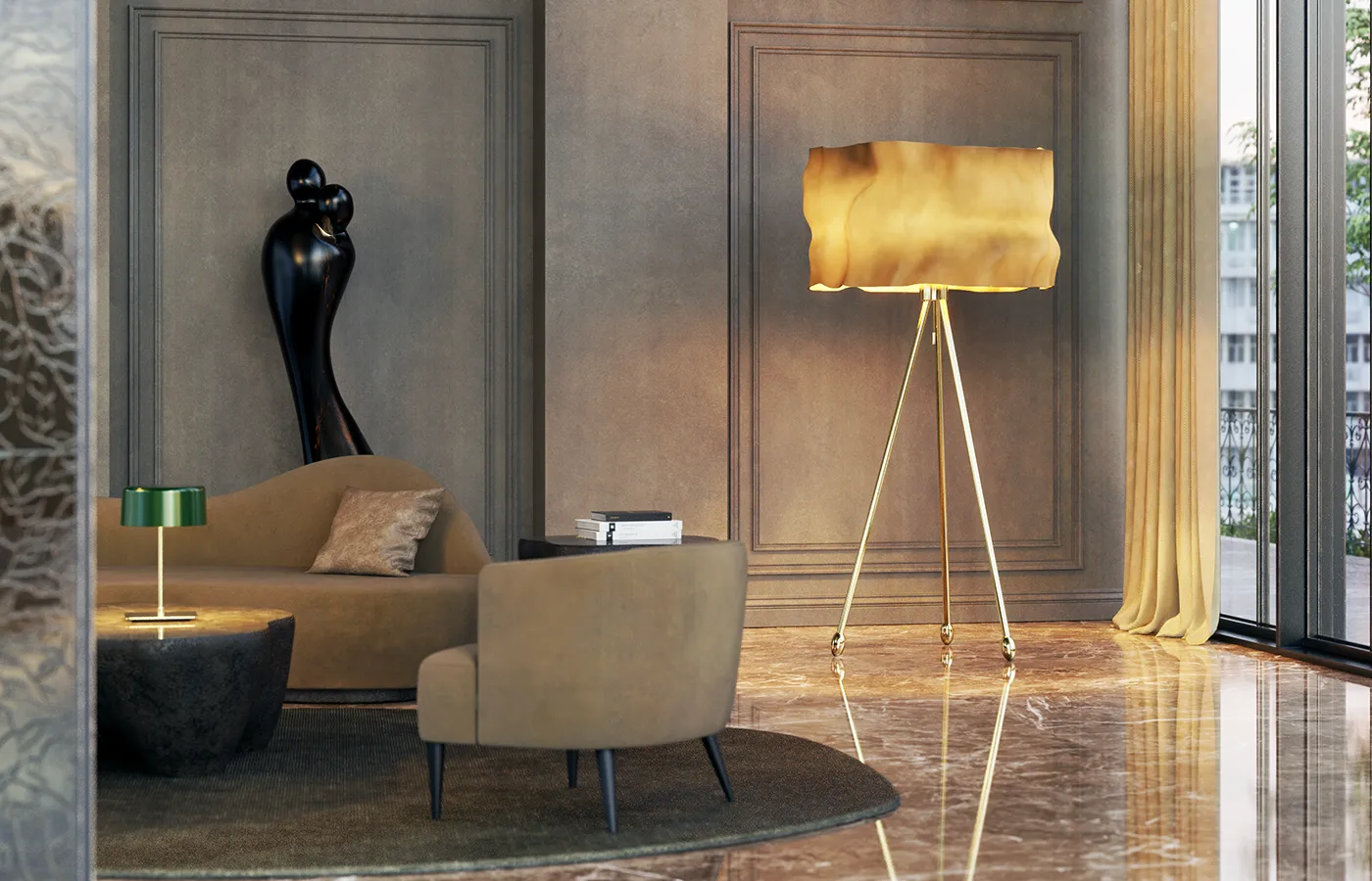 Room setting with Ruby floor lamp by the window and area with Nuance sofa and Abraço sculpture