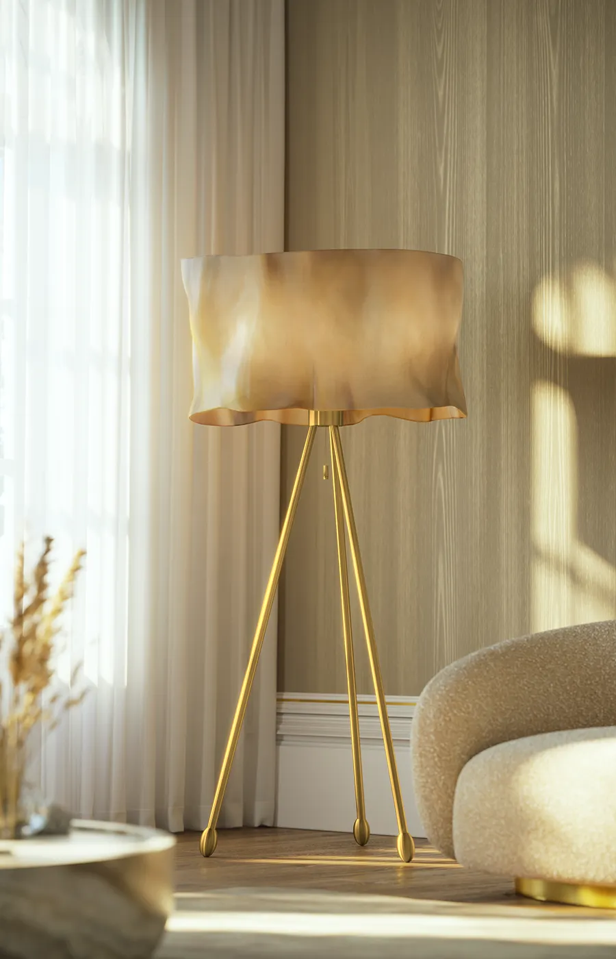 Room setting with Ruby floor lamp in the corner by the window