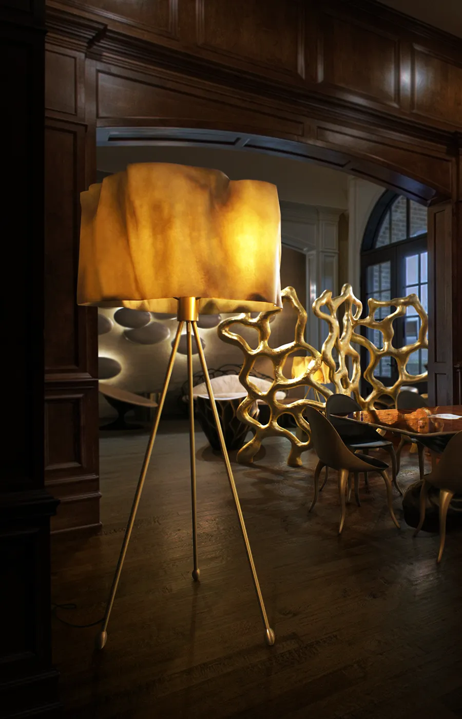 Library setting with Ruby floor lamp and other Karpa pieces