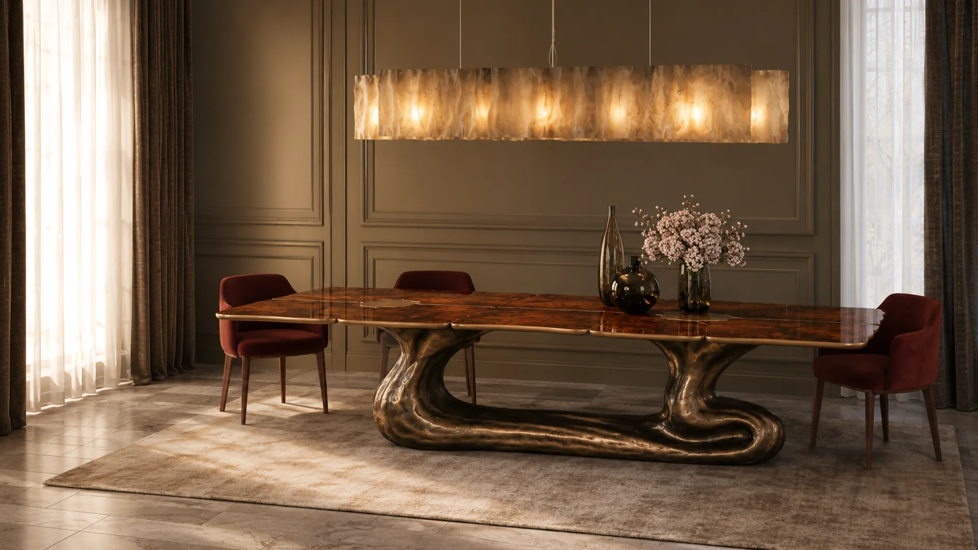 Dining area featuring Sigma dining table in brass finish and walnut root veneer top with Flowin suspension lamp