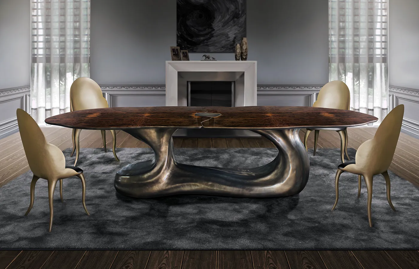 Dining area with Sigma oval dining table in brass color and walnut root top with Luna chairs