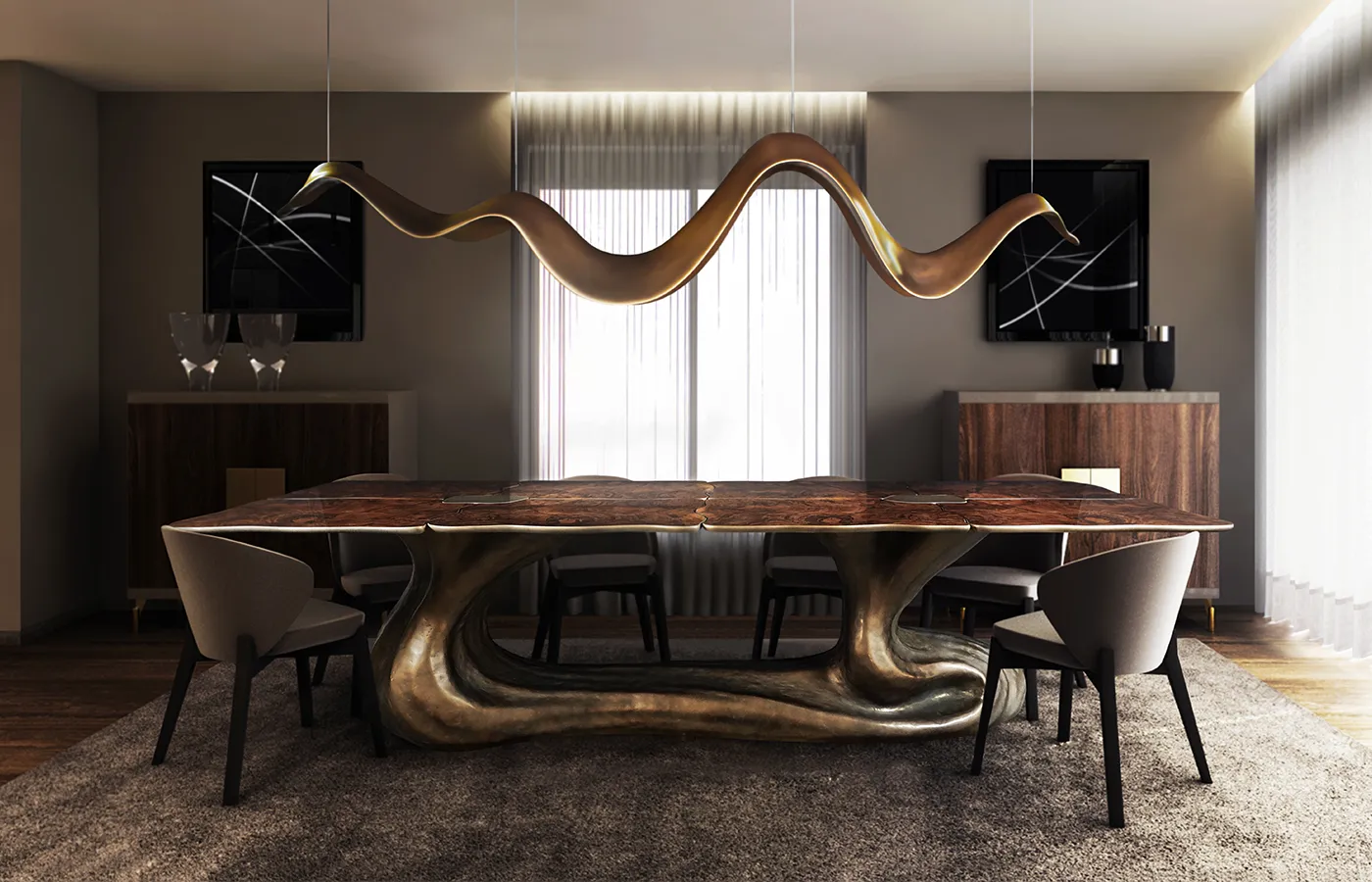 Dining area with Sigma dining table in brass color and walnut root top with Aura lamp