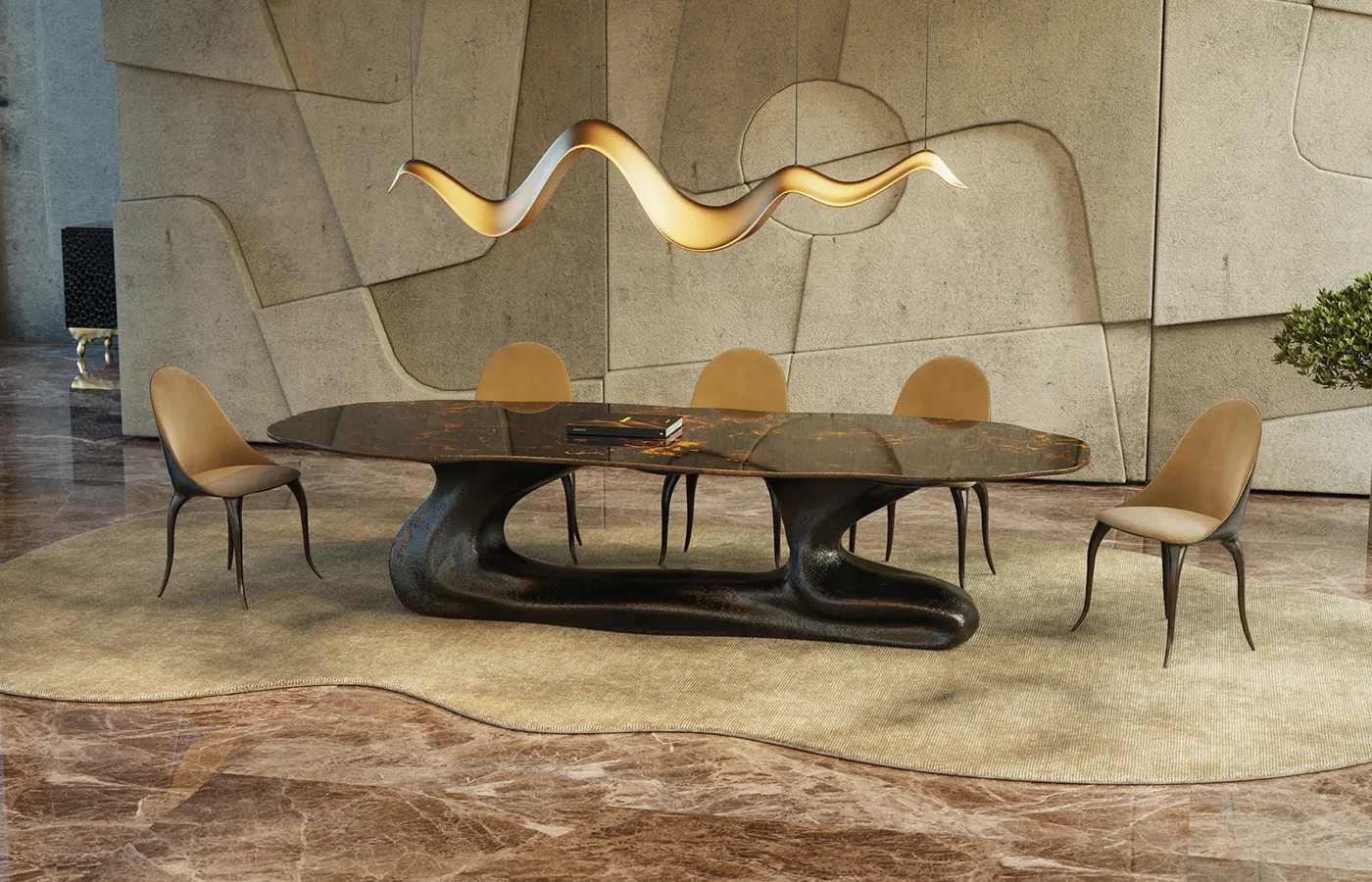 Dining area with Sigma dining table in bronze color and black and gold artistic paint finish with Daisy chairs and Aura lamp