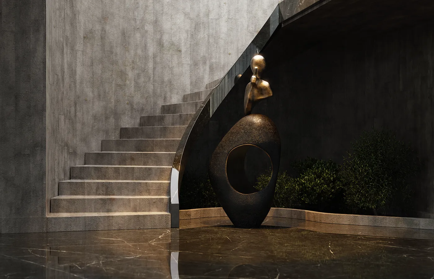 Hall de escadas com escultura Silêncio em cor bronze texturado e folha de ouro