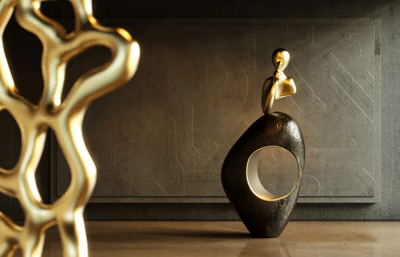 Hall de corredor com escultura Silêncio em cor bronze texturado e folha de ouro