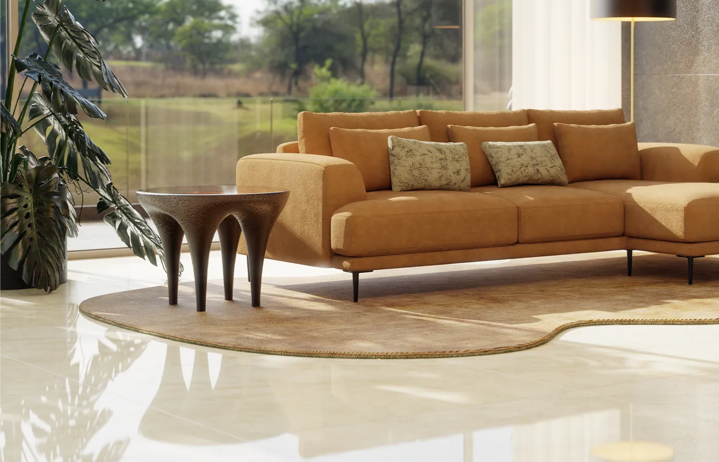 Ambiente de sala de estar com mesa de apoio Taurus em acabamento cor latão texturada e tampo em raiz de nogueira