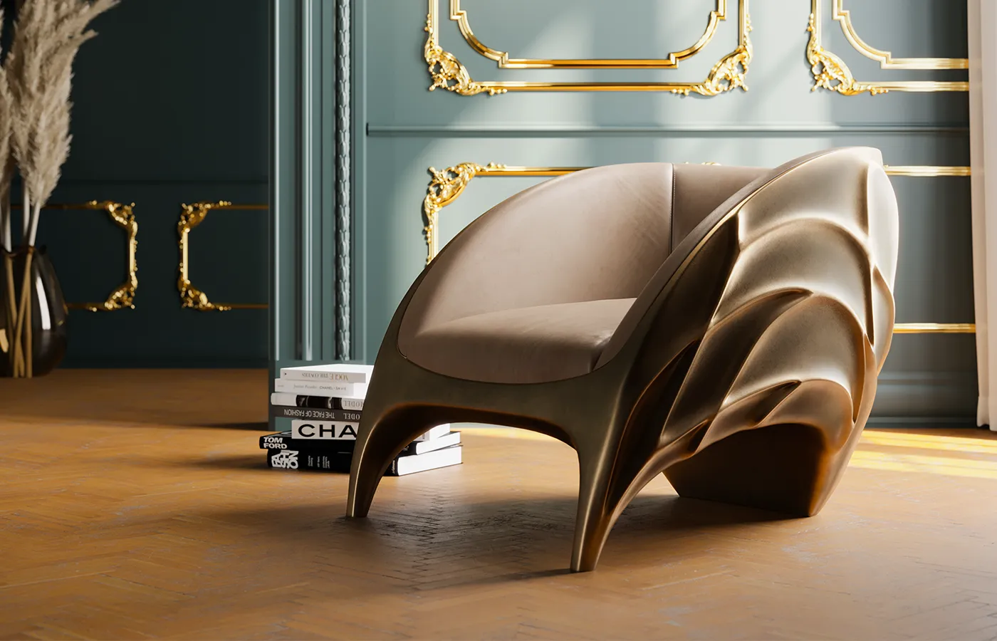 Hall ambiance featuring Triton armchair with body in aged gold color and leather upholstery
