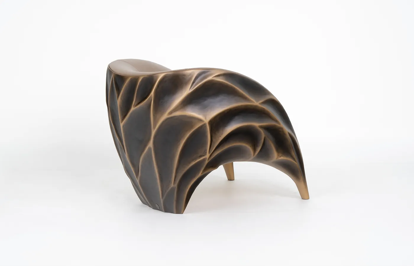Rightside view of Triton armchair in aged gold finish and brown leather upholstery