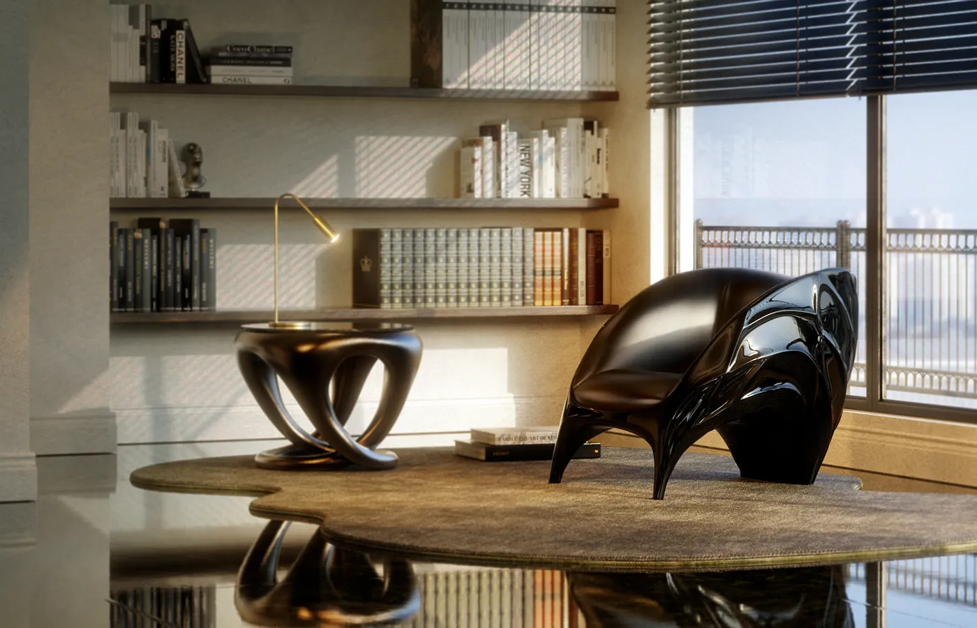 Library setting with Triton armchair in high-gloss black and black leather upholstery with Ballad side table