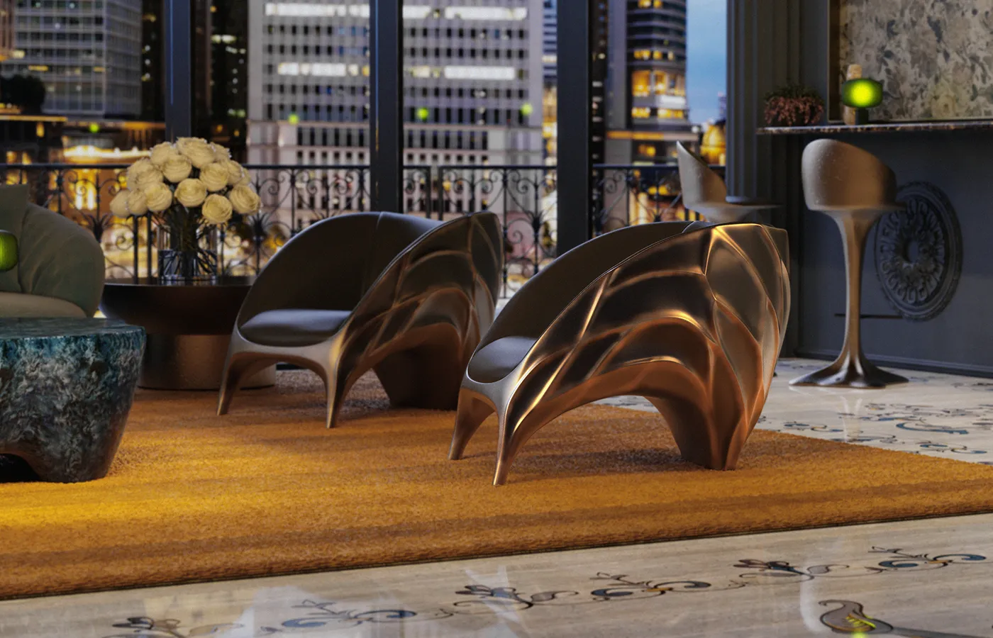 Living room setting with gold Triton armchairs, Flora bar stools, and Lotus side table