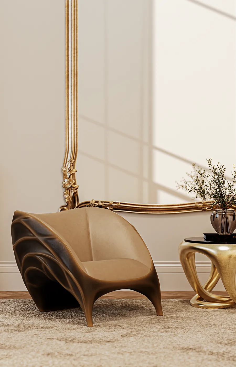 Hall com cadeirão Triton em dourado junto a mesa de apoio Ballad dourada