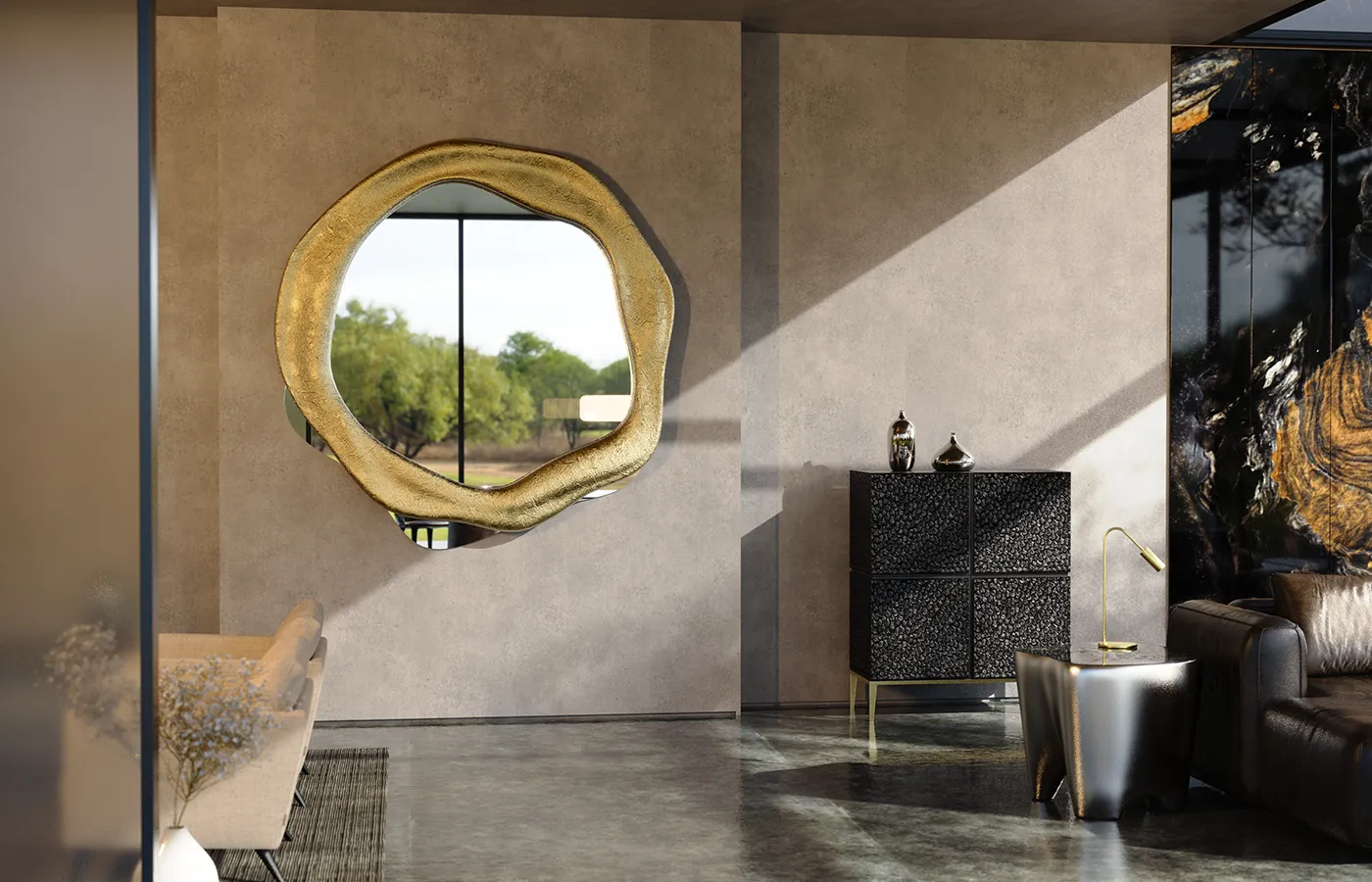 Living room with round Twisted mirror in textured gold leaf next to Monarch counter