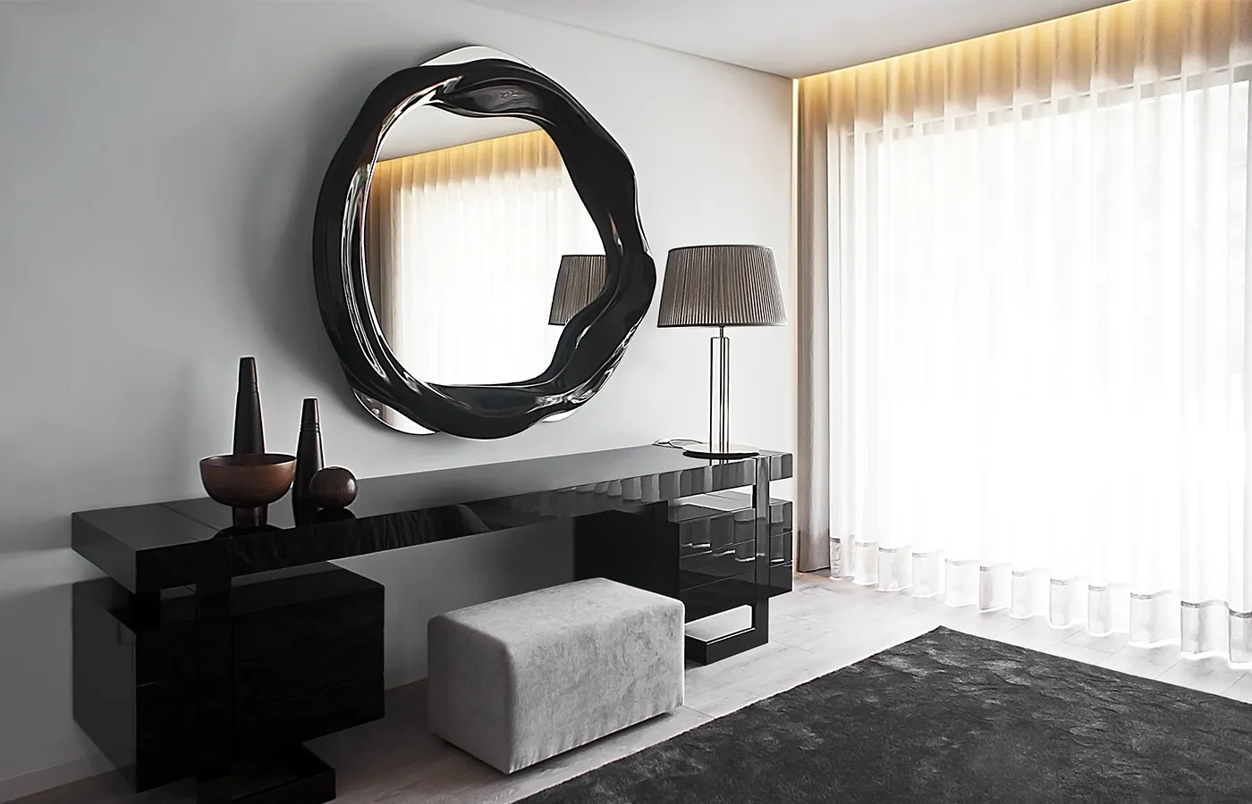 Suite environment with round Twisted mirror in high-gloss black above desk