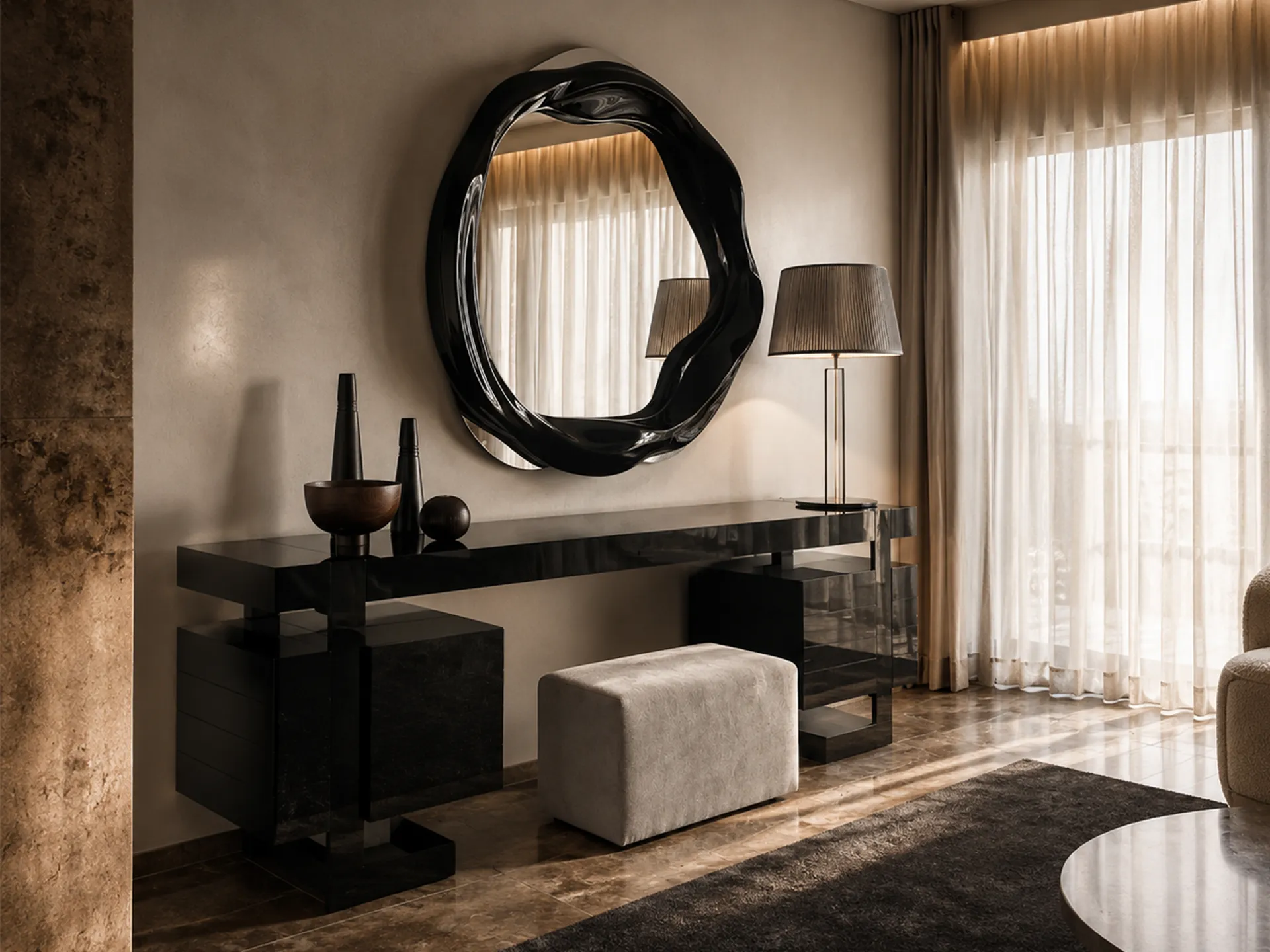 Suite environment with round Twisted mirror in high-gloss black above desk