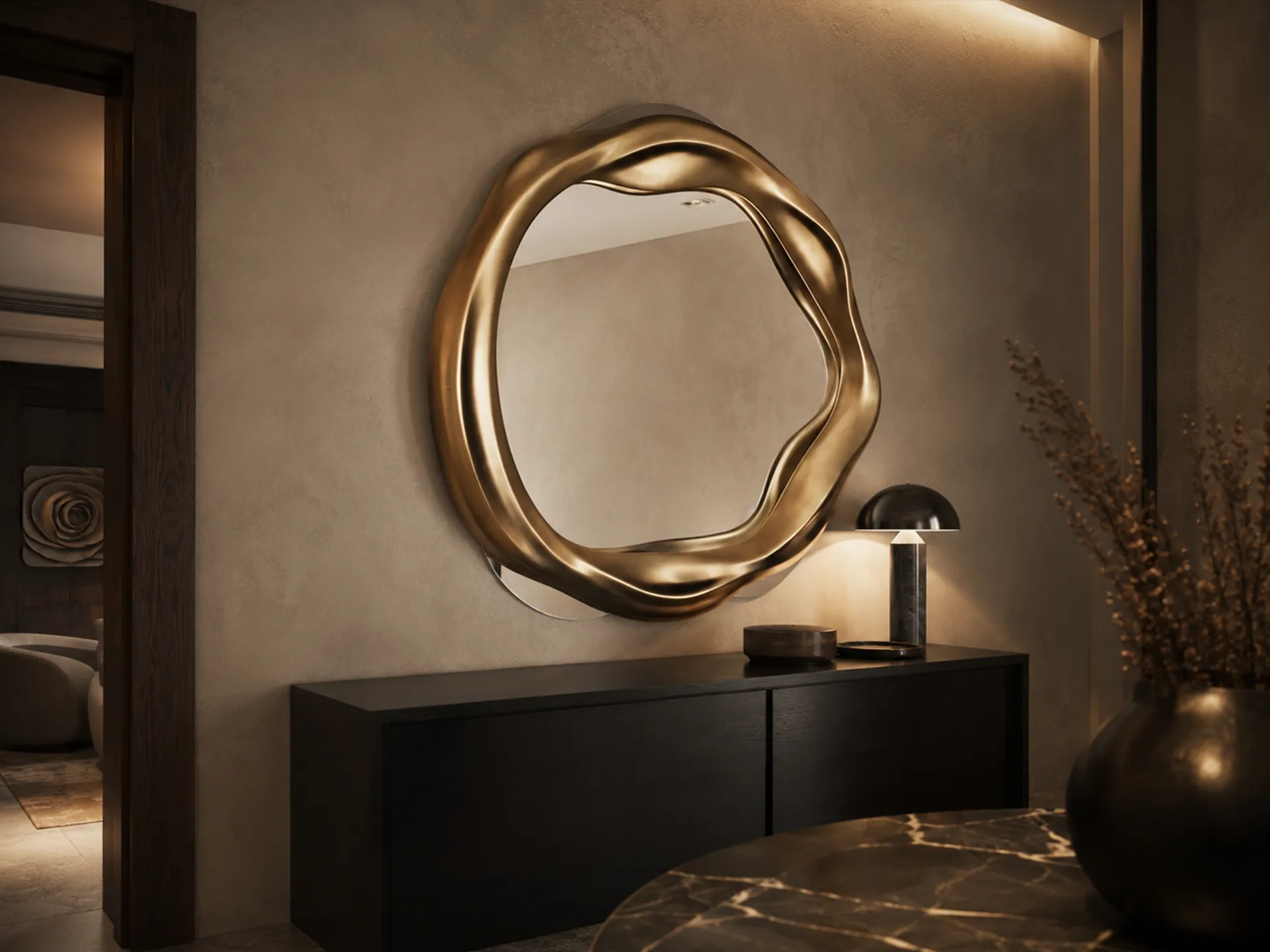Living room with round Twisted mirror in gold leaf on sideboard