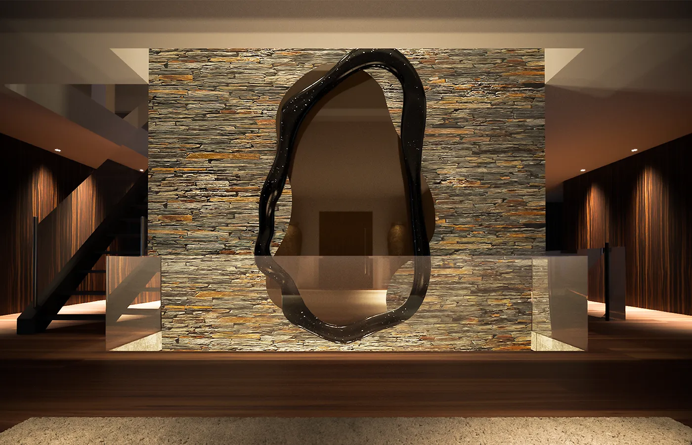 Luxurious entrance hall with large Twisted mirror in high-gloss textured black
