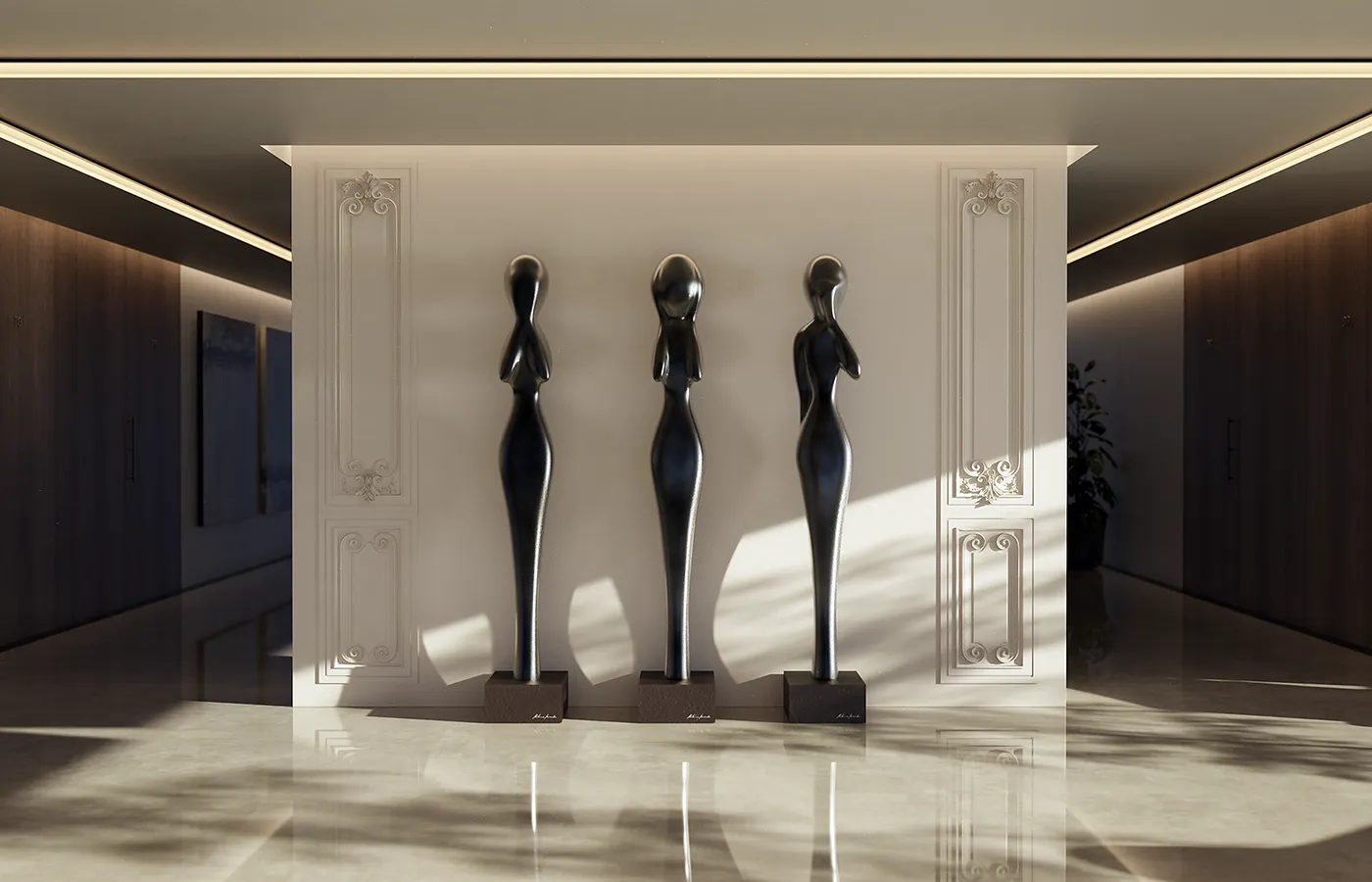 Hall de entrada com conjunto de esculturas Wisdom em acabamento cor chumbo
