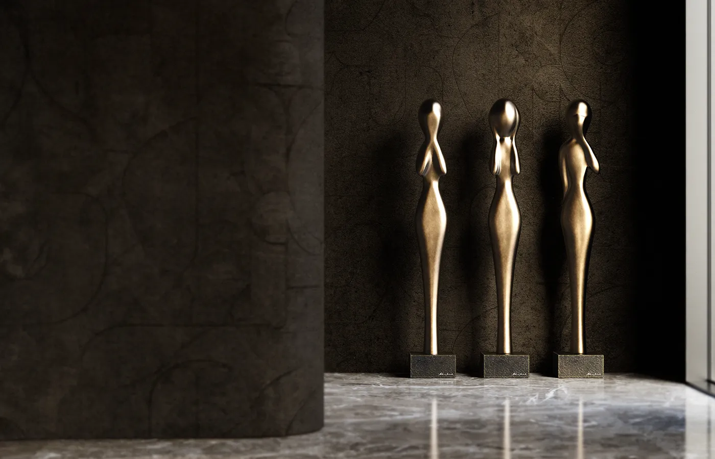 Hallway with set of Wisdom sculptures in brass color