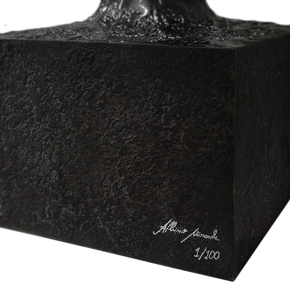 Detailed view of the base of the Wisdom sculpture, highlighting its volcanic texture and Albino Miranda's signature.