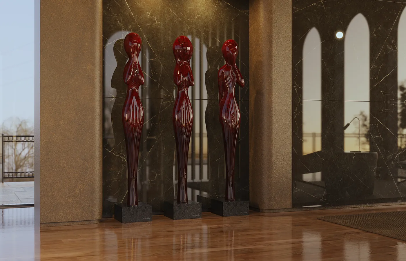 Hall de entrada com conjunto de esculturas Wisdom em acabamento opal vermelho alto brilho