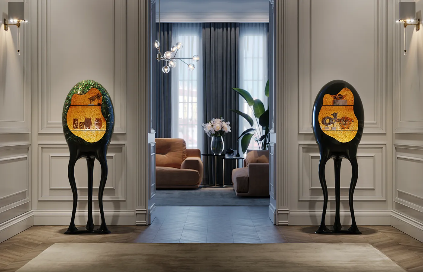 Vitrina Orion em hall clássico, com estrutura escultural em fibra de vidro e interior iluminado em tons dourados.