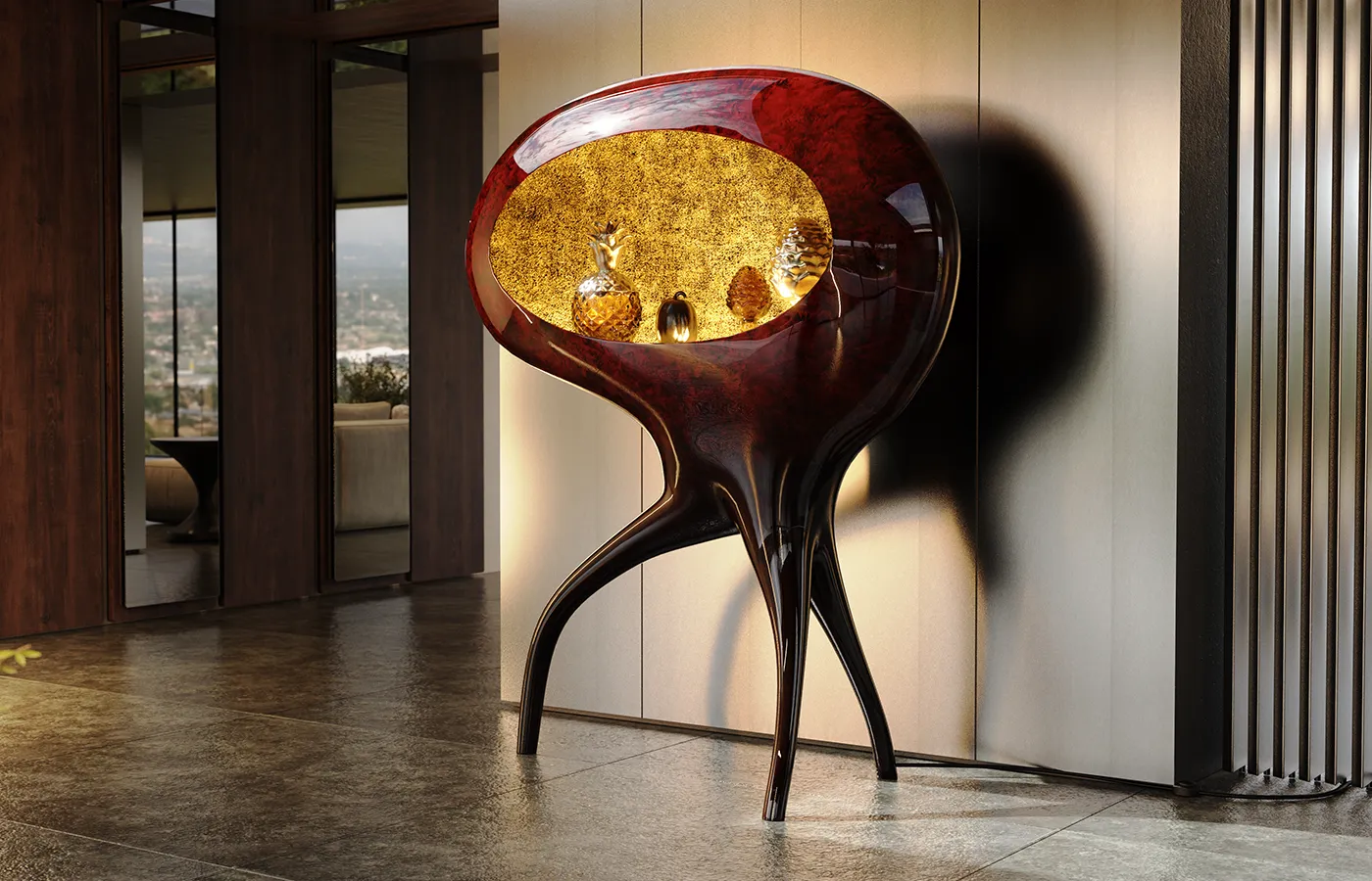 Vitrina Oracle em ambiente contemporâneo, com corpo escultural orgânico e interior iluminado em dourado.