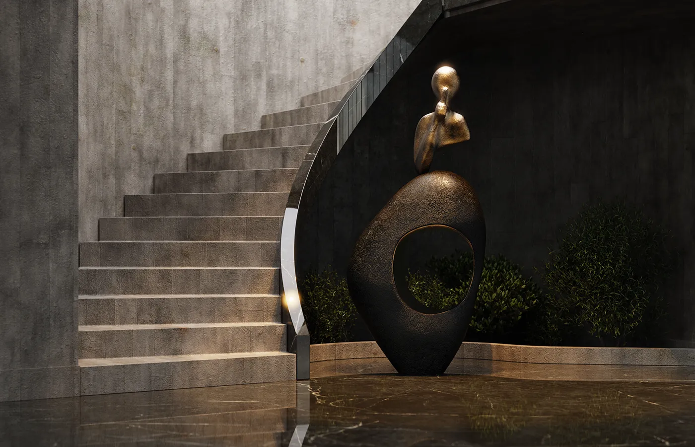 Escultura “Silêncio” de Albino Miranda, bronze texturado com folha de ouro instalada num espaço arquitetónico moderno.