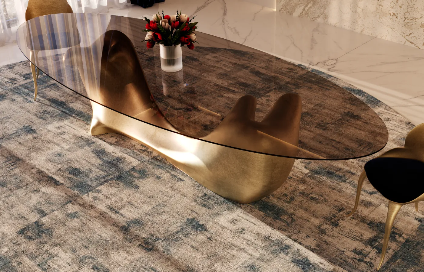 Bronze glass top of the Invicta dining table, elegantly reflecting the golden base and surrounding light.