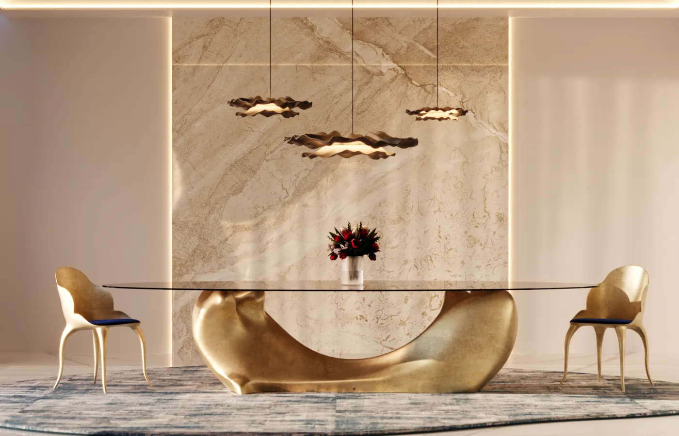 Mesa de jantar Invicta com base dourada em curva fluida e tampo em vidro bronze, integrada num ambiente contemporâneo com luz suave.