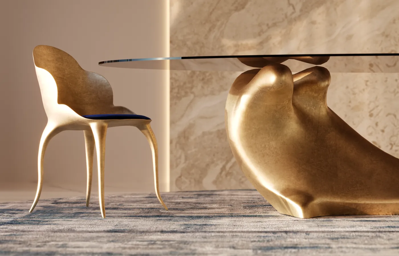 Gold leaf base of the Invicta dining table, with a fluid handcrafted form and artistic finish.