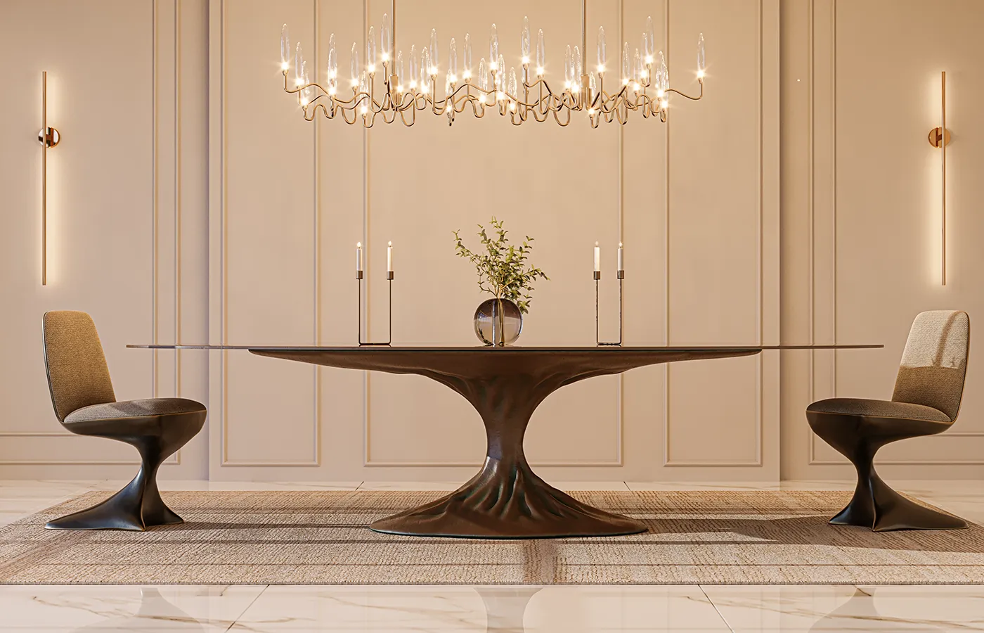 Mesa de jantar Bonsai com base em cor latão e tampo em folha de raiz de nogueira, em sala de luxo contemporâneo.