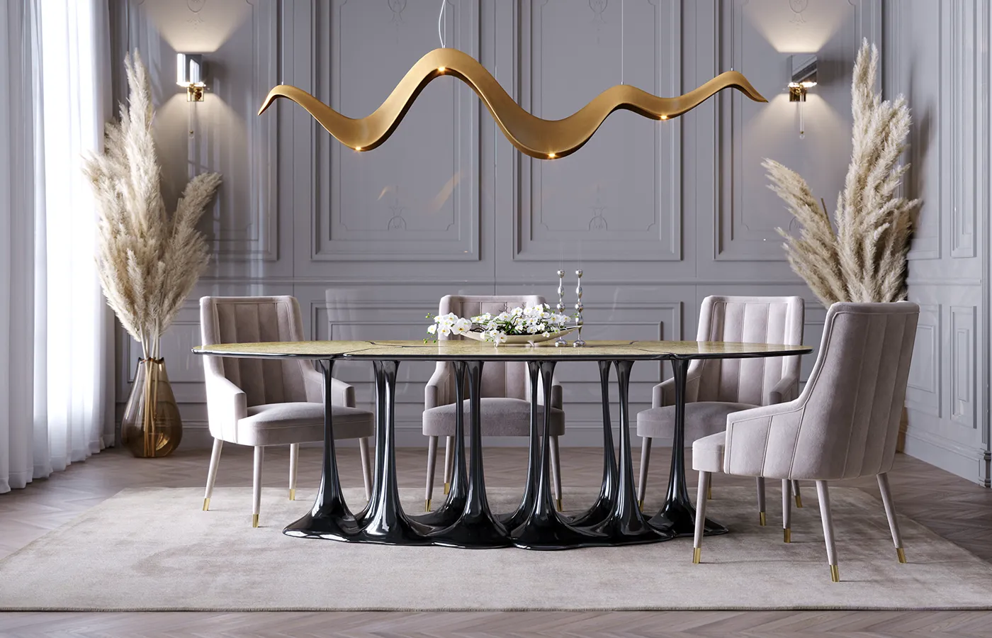 Pangea dining table with black base and golden top, in a classic room with contemporary details.