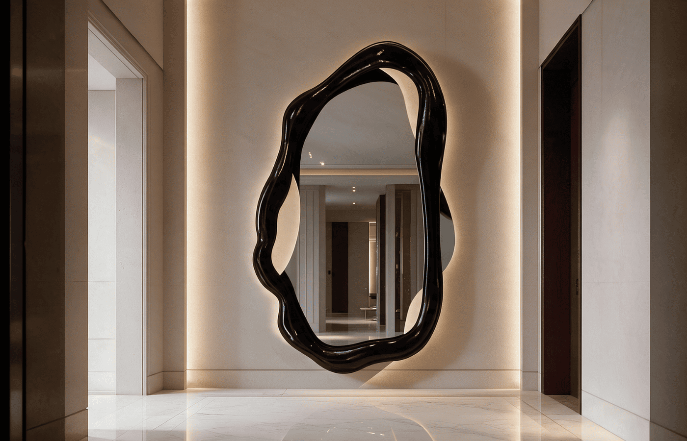 Karpa's Twisted oval mirror with an irregularly shaped black frame, incorporated into a contemporary entryway with indirect lighting