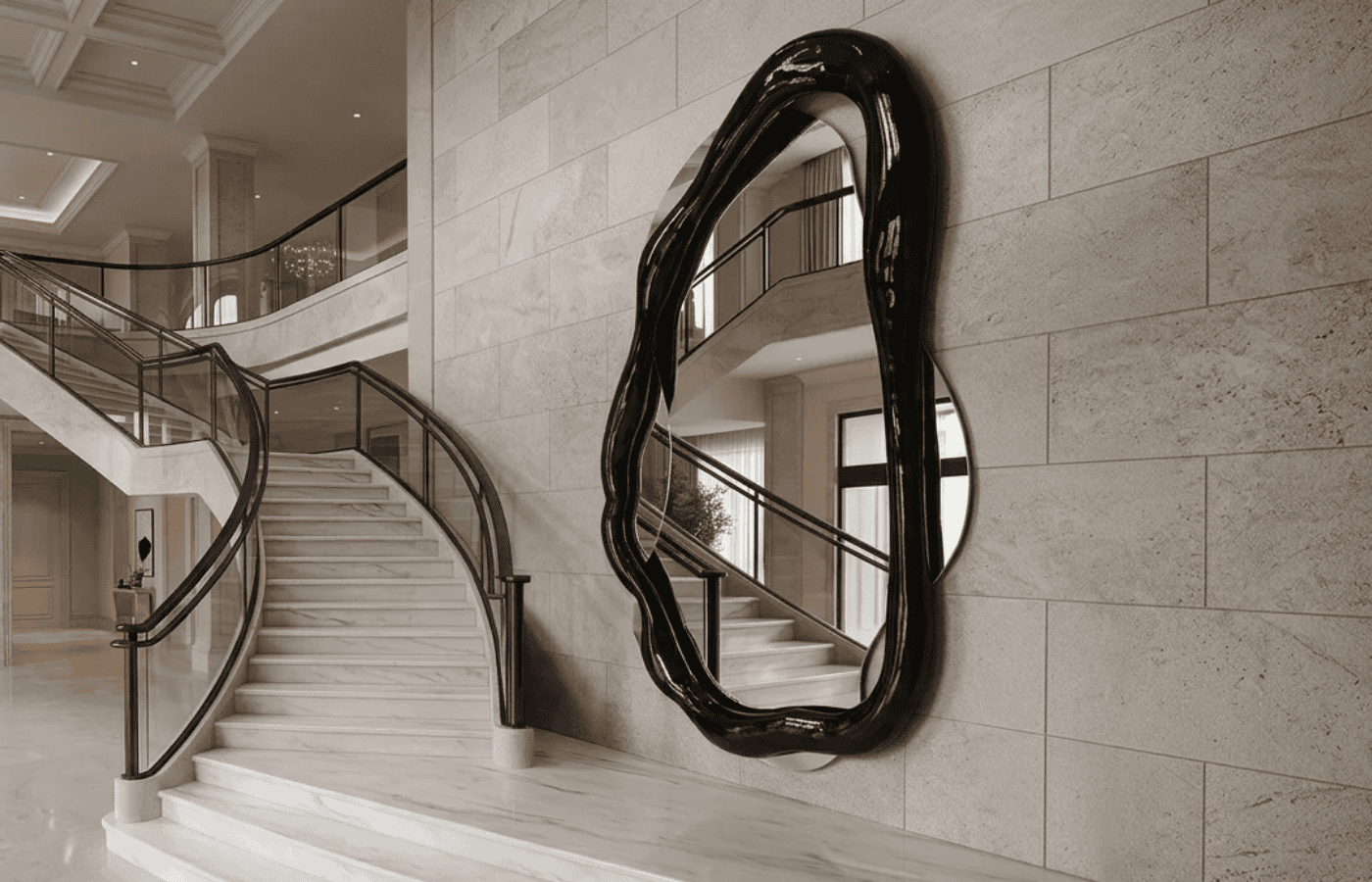 Karpa's Twisted oval mirror with a glossy black frame, mounted on a stone wall next to a marble staircase in a luxurious entryway
