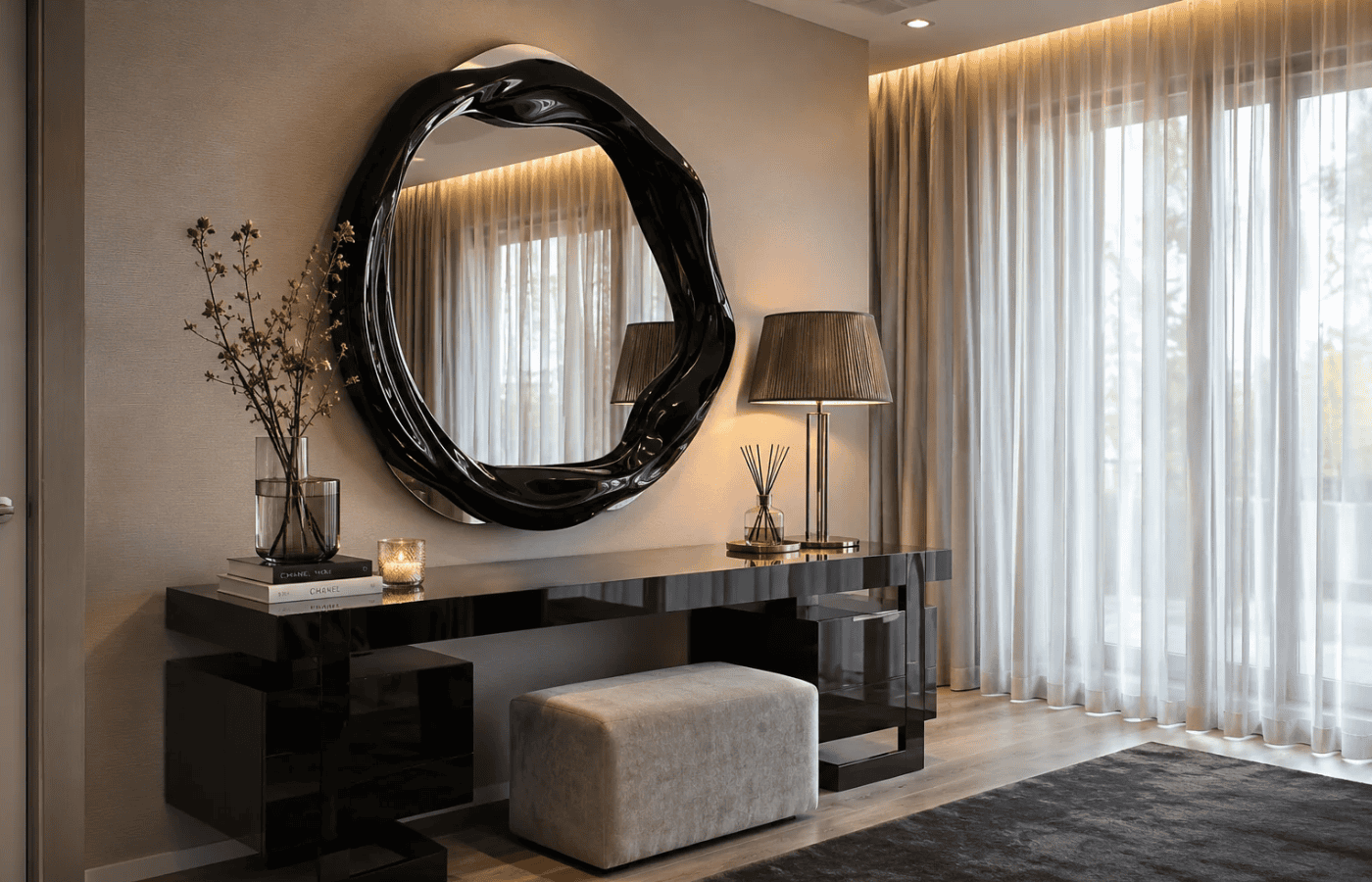 Karpa's round Twisted mirror, with a glossy black frame and organic shapes, set in a contemporary bedroom with a black desk and natural light