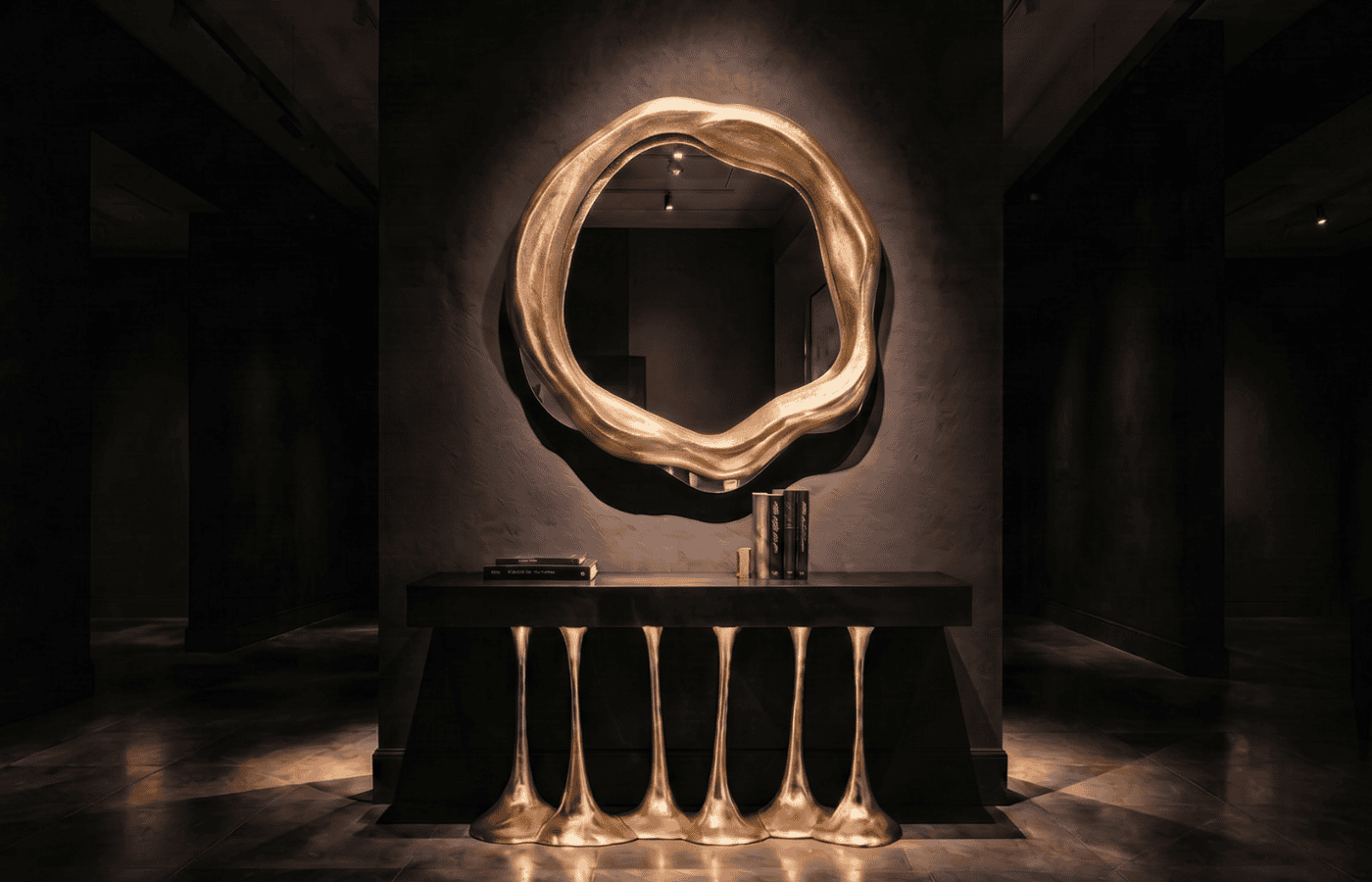 Karpa's round Twisted mirror with a gold frame featuring organic curves, mounted on a black console table in a luxurious setting with soft lighting