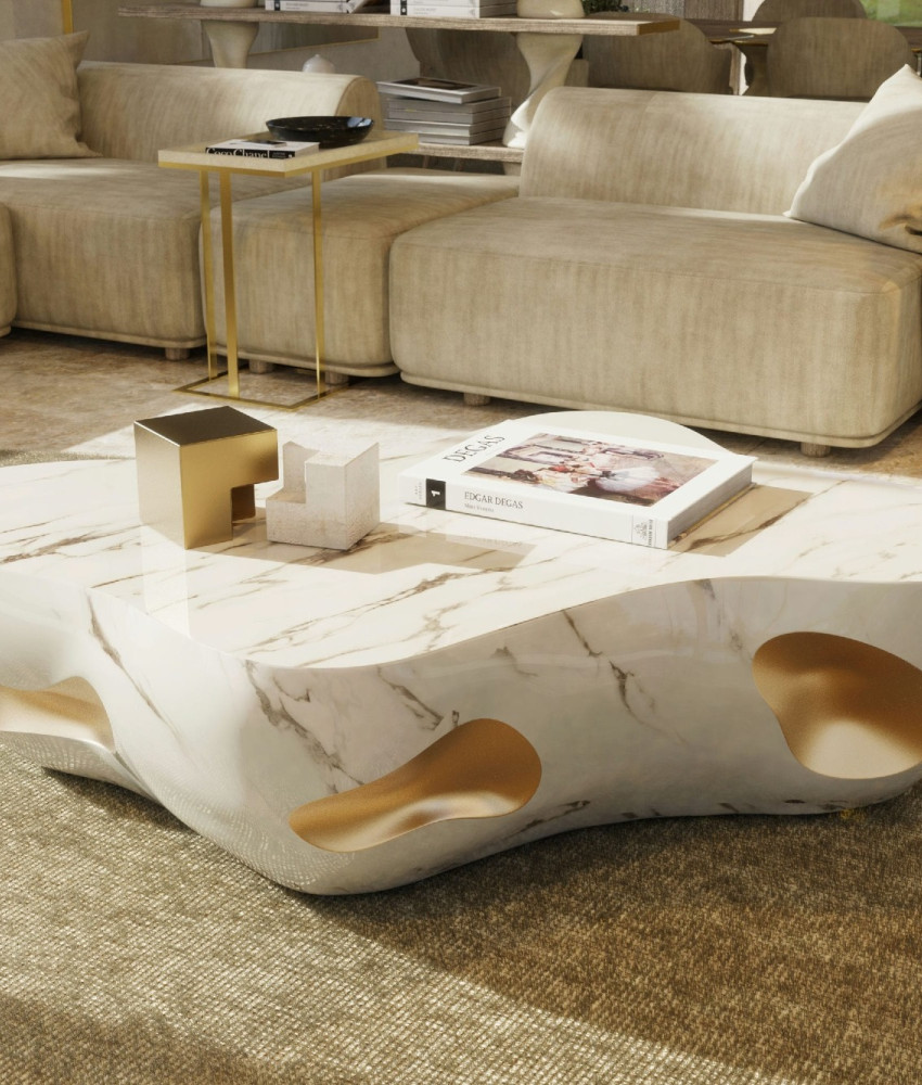 Oasis coffee table with marbled finish and gold leaf