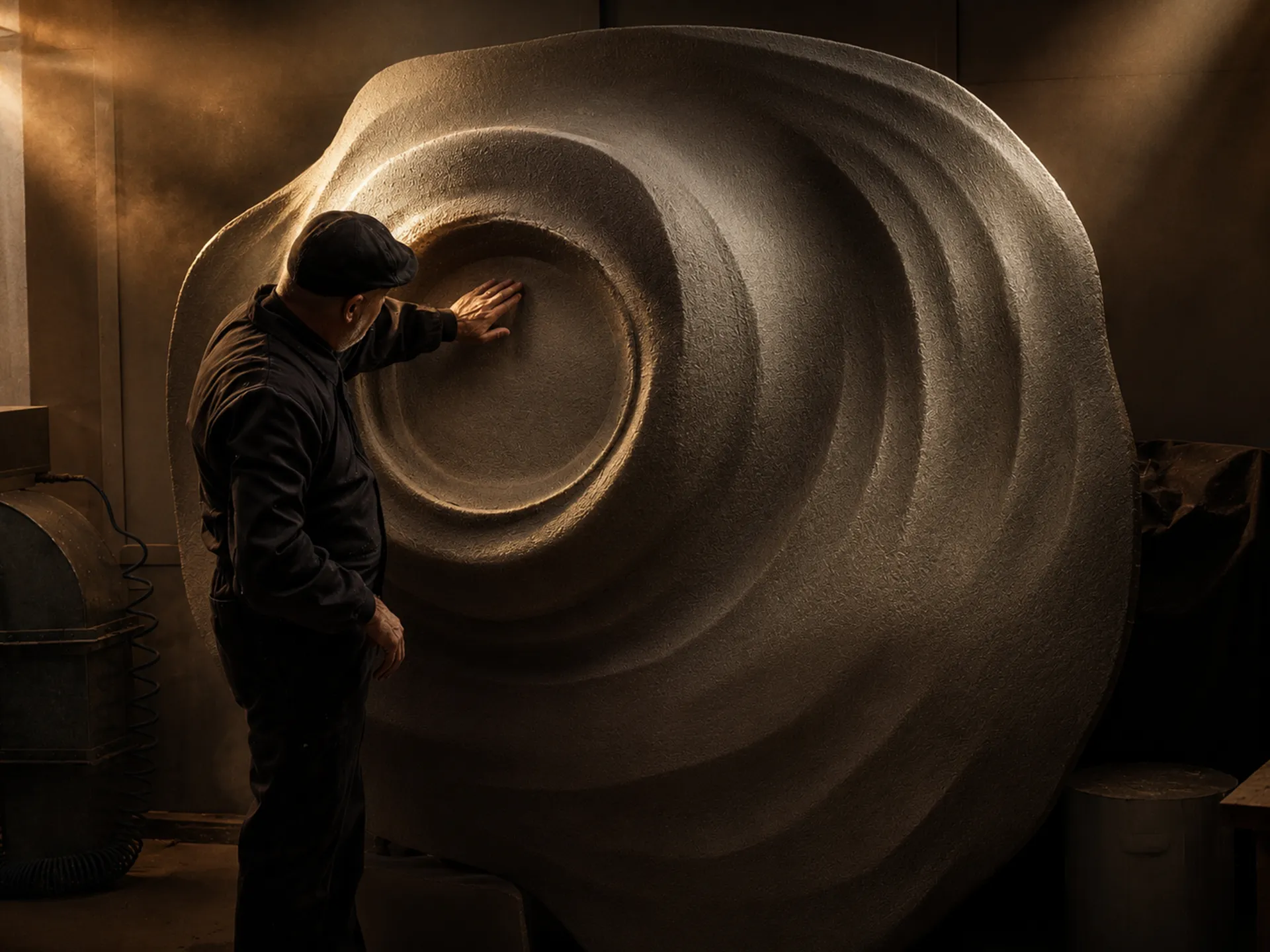 O artista Albino Miranda junto ao painel escultural Horus