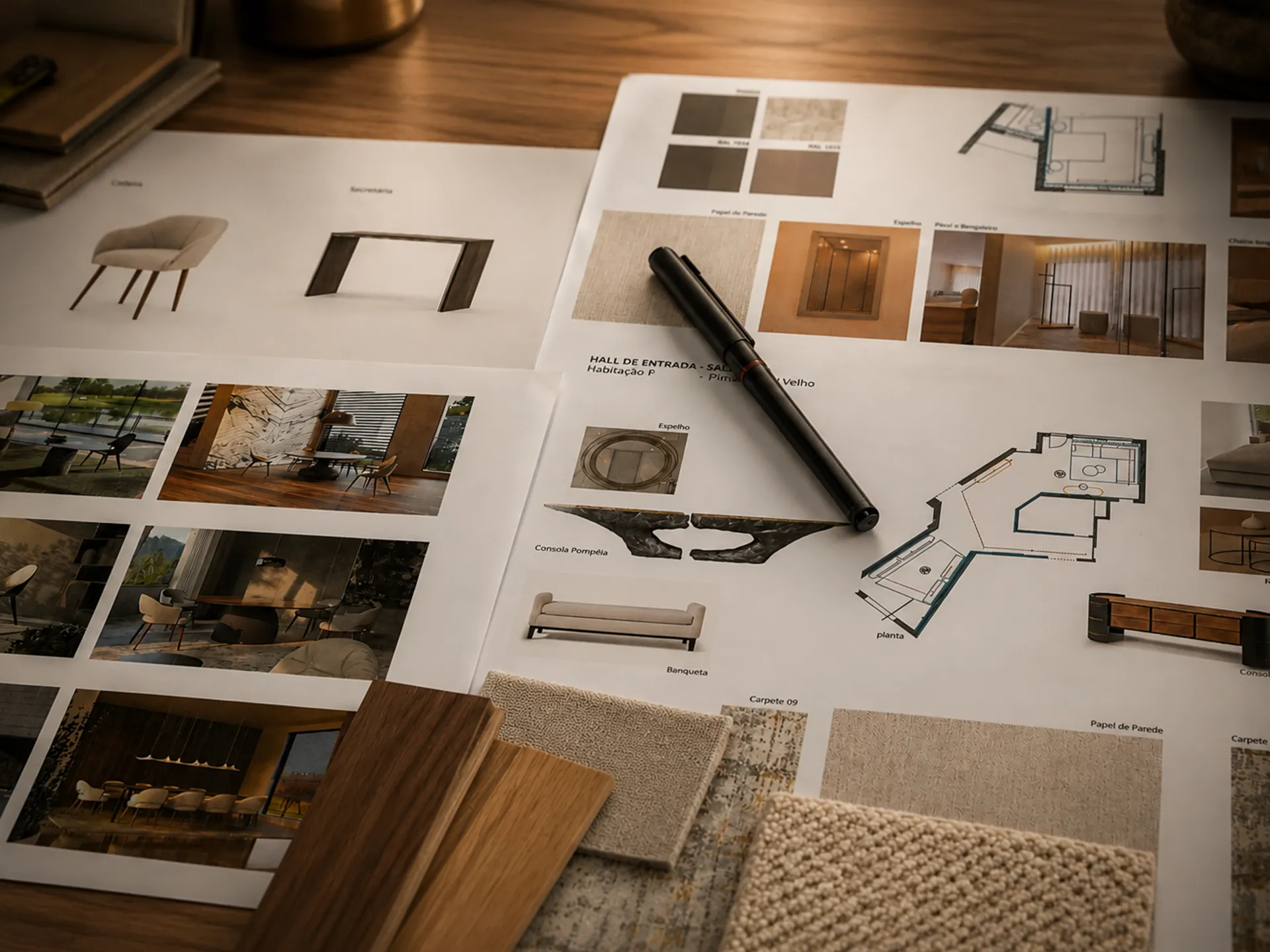 Moodboard com desenho técnico e algumas amostras de madeiras e tecidos