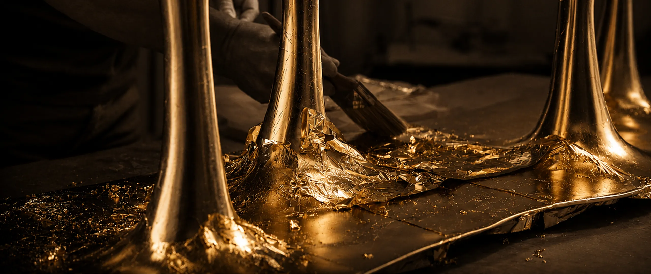 Artesão a aplicar folha de ouro numa peça Janus da Karpa
