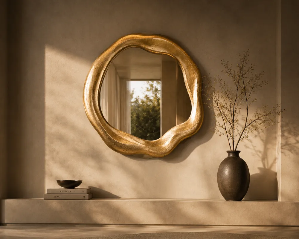Modern, minimalist interior with a round Twisted mirror