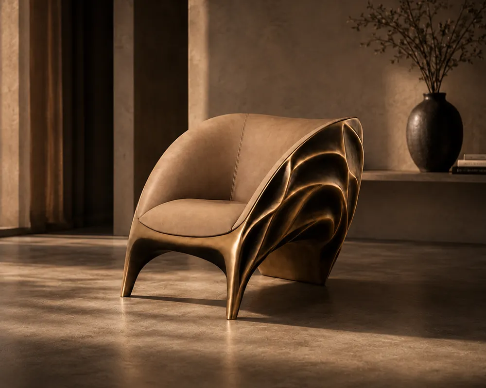 A modern, minimalist interior featuring the Triton armchair