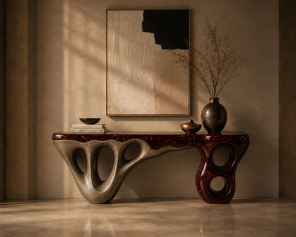 Modern, minimalist interior with an Elements console table