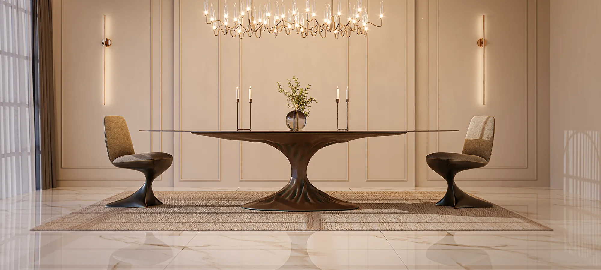 Modern living room showcasing Bonsai dining table and Alyna chairs